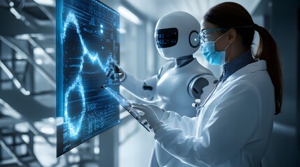 Poster - Female Doctor and Robot Collaborating with Data Visualization on a Screen