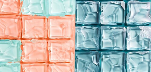 Wall Mural - minimalist crystal brick wall, one side in midnight blue and the other in pastel coral, modern flat 