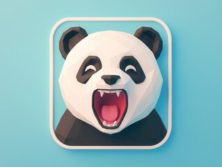 Wall Mural - Low Poly Panda With Open Mouth in White Frame on Blue Background.