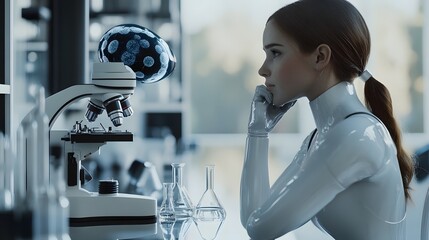 Poster - Female Robot Scientist Contemplating a Microscopic World