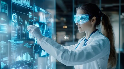 Poster - A Female Scientist in a Lab Coat Interacts with a Large Interactive Display