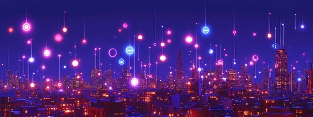 Augmented reality view of a cityscape, glowing digital icons floating above buildings, soft purple and blue light