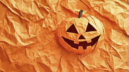 A charming jack-o'-lantern rests on crumpled orange paper, embodying the spirit of Halloween with its classic smile and playful character, inviting creativity