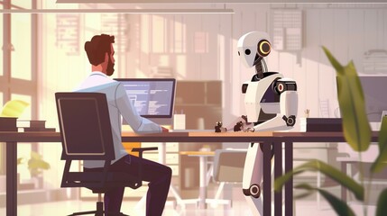 Sticker - A man in a suit sits in an office at a computer and types on a keyboard, next to him is a robot that helps him think