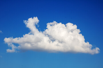 A large, fluffy white cloud floats peacefully in a vibrant blue sky