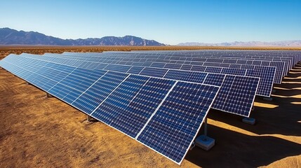 Large solar panel array harnessing sunlight in arid desert landscape with mountains in background under clear blue sky.