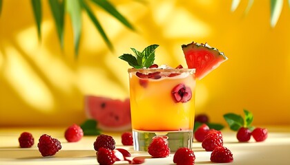 Sun-kissed summer vibes with a refreshing cocktail topped with juicy red fruits against a bright yellow backdrop