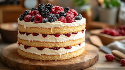 Canvas Print - Homemade layered sponge cake with whipped cream and fresh berries on top