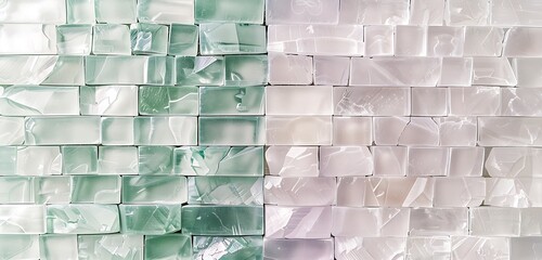 Wall Mural - minimalist crystal brick wall, one side in emerald green and the other in pale lavender, modern dual