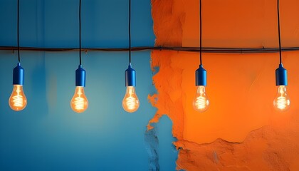 Vibrant display of light bulbs against an orange and blue textured wall