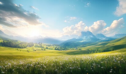 Breathtaking panoramic view of the Alps featuring majestic mountains  , with clear blue sky and radiant sunrays casting golden hues over lush green meadows 