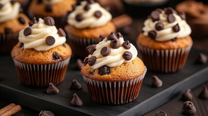 Delicious chocolate chip cupcakes topped with creamy frosting, perfect for dessert lovers and special occasions.