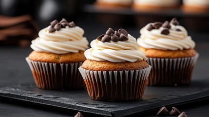 Delicious chocolate chip cupcakes with creamy frosting and chocolate chips on top, perfect for any celebration or dessert table.