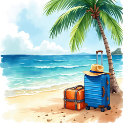 world tourism day a suitcase with tropical sea beach. World tourism day concept. Design for banners, posters, and cards.