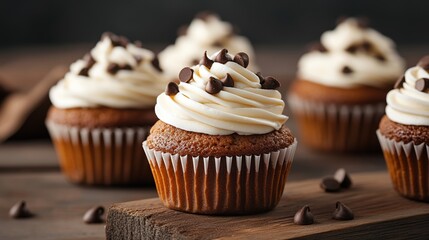 Delicious chocolate cupcake topped with creamy frosting and chocolate chips, perfect for dessert or celebration.