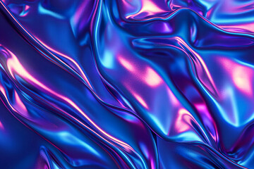 Wall Mural - 3d render Metallic liquid background. Abstract neon texture. Rainbow 3d holographic foil. Wavy glossy surface in blue and purple colors Background
