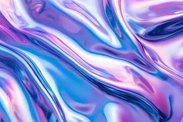 Wall Mural - 3d render Metallic liquid background. Abstract neon texture. Rainbow 3d holographic foil. Wavy glossy surface in blue and purple colors Background