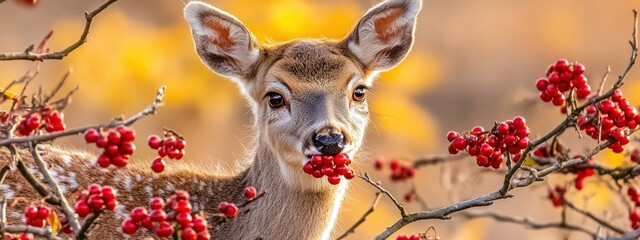 Close-up of a deer chewing on berries, soft forest light casting gentle shadows on its face