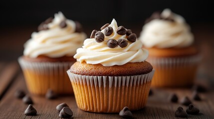 Delicious cupcake topped with creamy frosting and chocolate chips, perfect for any celebration or sweet treat.