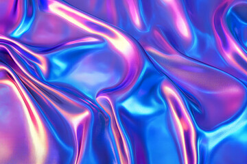 Wall Mural - 3d render Metallic liquid background. Abstract neon texture. Rainbow 3d holographic foil. Wavy glossy surface in blue and purple colors Background