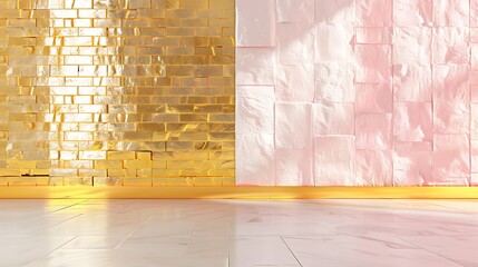 Wall Mural - minimalist crystal brick wall design, one wall golden plated, the other in pastel pink, creating a s