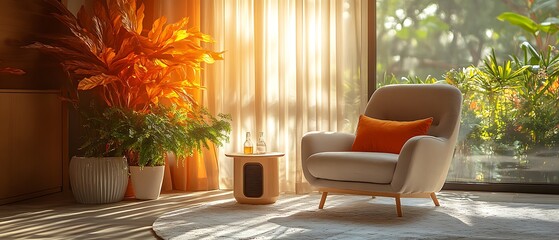 Wall Mural - Cozy living space with sunlight, plants, and comfortable seating.