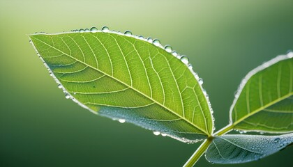 Wall Mural - Detailed perspective of a soybean leaf sparkling with early dew, positioned against a gently faded background
