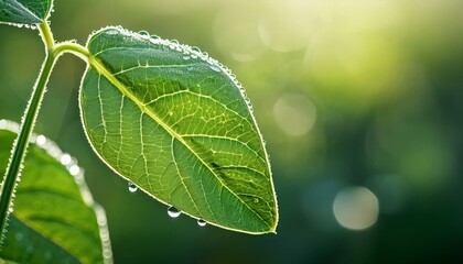 Wall Mural - Detailed perspective of a soybean leaf sparkling with early dew, positioned against a gently faded background