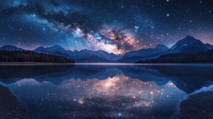 Wall Mural - milky way galaxy core radiating bright light above a still lake, with the stars reflected on the wat