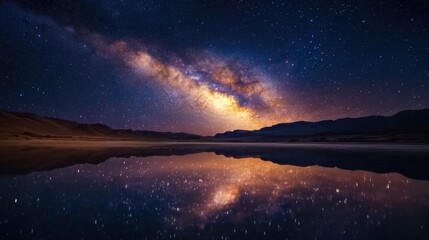 Wall Mural - milky way galaxy core radiating light above a star-filled desert sky, with the stars reflecting off 