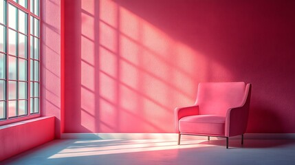 Wall Mural - Cozy pink armchair in a sunlit room with soft shadows.