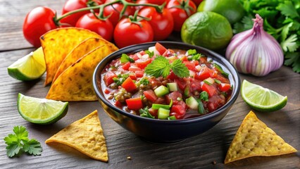 Freshly made salsa with tomatoes, onions, jalapenos, and cilantro served with chips and lime on the side , salsa, tomatoes