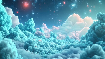 Wall Mural - Surreal 3D environment with pastel blue and teal fluffy terrain, star-studded sky, and high exposure, blending unique and cyberpunk elements