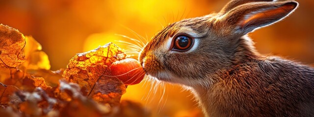 Close-up of a rabbit nibbling on a carrot, soft natural light highlighting the soft fur