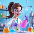© Cad3D.Expert - 3D illustration of a female scientist conducting an experiment with colorful liquids in a laboratory. Chemistry lab, research, and scientific discovery in cartoon style.