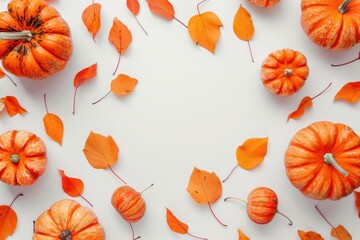 Poster - A collection of orange pumpkins and colorful leaves on a white background