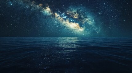 Starry Milky Way galaxy seen above a peaceful ocean at night, with the stars reflecting softly on the water surface
