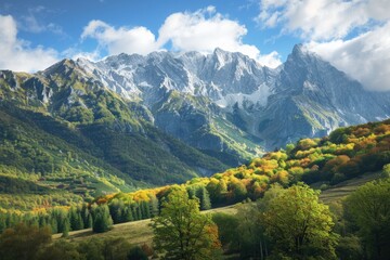 Poster - A scenic view of a mountain range during the fall season, with vibrant colors and a cloudy sky
