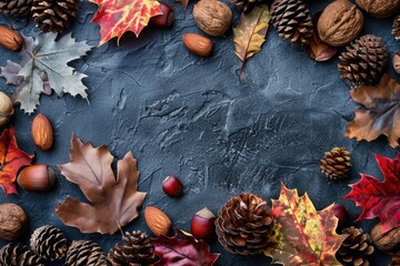 Poster - A collection of nuts and leaves arranged on a table for display or decoration
