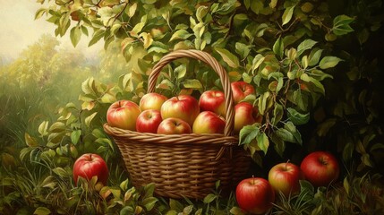 Wall Mural - Basket, ripe apples, harvest. Generative AI