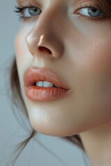 Poster - Close-up of a woman's face with long hair, ideal for beauty and cosmetics use