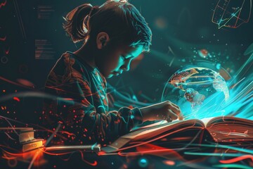 Poster - A young girl sits at a table studying geography with a book and a globe