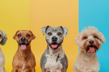 Poster - A group of dogs sitting calmly next to each other, great for use in pet-related content or as a symbol of friendship