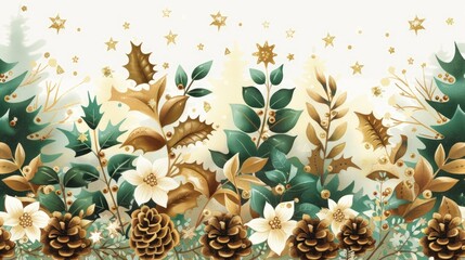 A white background with small gold stars and pine branches