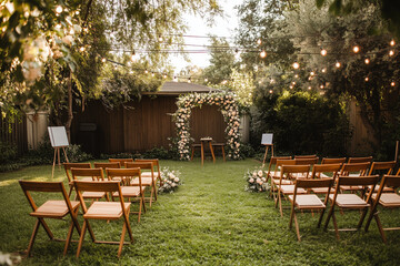 Intimate outdoor wedding ceremony setup with floral arch, wooden chairs, and hanging string lights in a garden setting