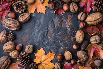 Poster - Arranged pine cones and leaves in a circular shape on a surface