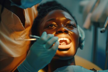 Wall Mural - A woman having her teeth cleaned by a dentist in a clinical setting