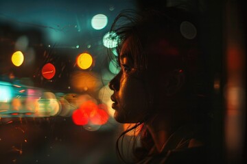 Poster - A woman looks out of a city window at night, offering a glimpse into her life