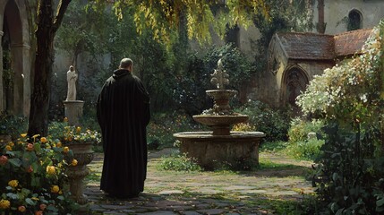 49. A Christian monk tending to a monastery garden