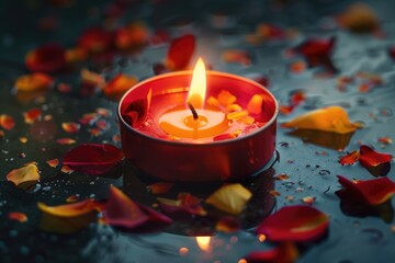 Canvas Print - A single lit candle surrounded by delicate rose petals, perfect for romantic occasions or intimate gatherings